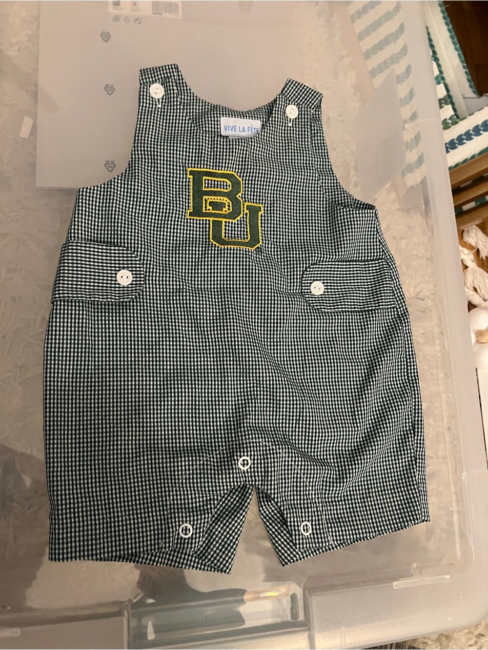 Baylor Green Gingham Baby One-Piece with Yellow BU Patch